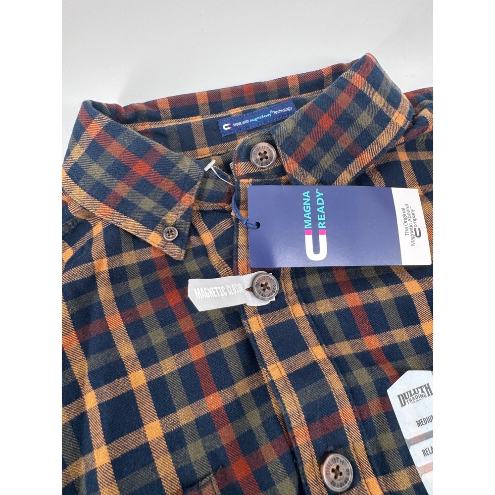 Duluth Trading Magna Ready Front Flannel Shirt Mens M Navy Orange Plaid NWT